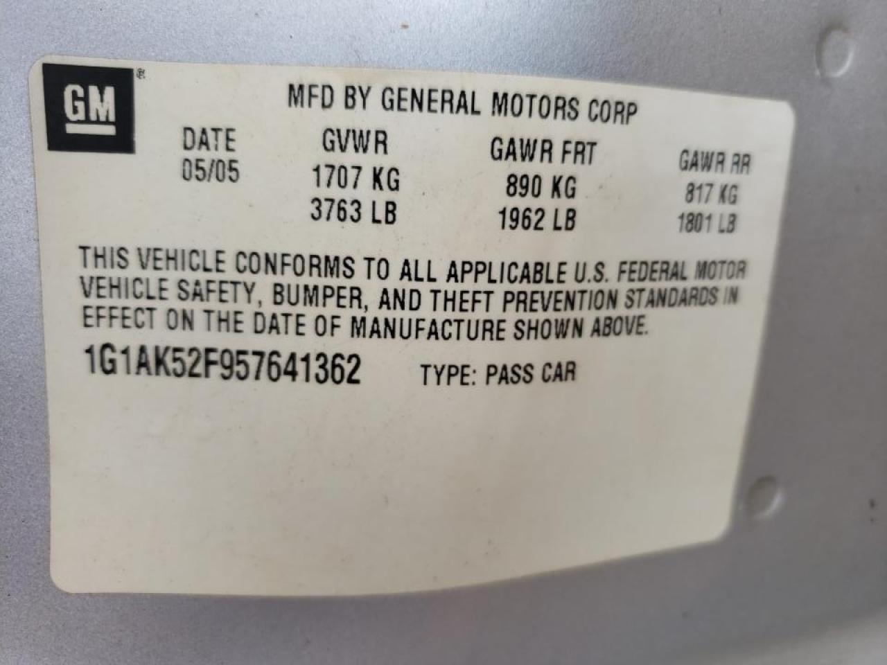 Photo 10 from auction – 2005 CHEVROLET COBALT with VIN 1G1AK52F957641362