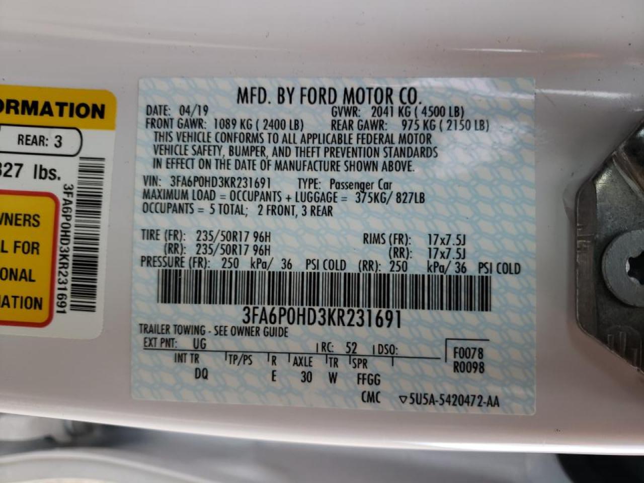 Photo 10 from auction – 2019 FORD FUSION SE with VIN 3FA6P0HD3KR231691