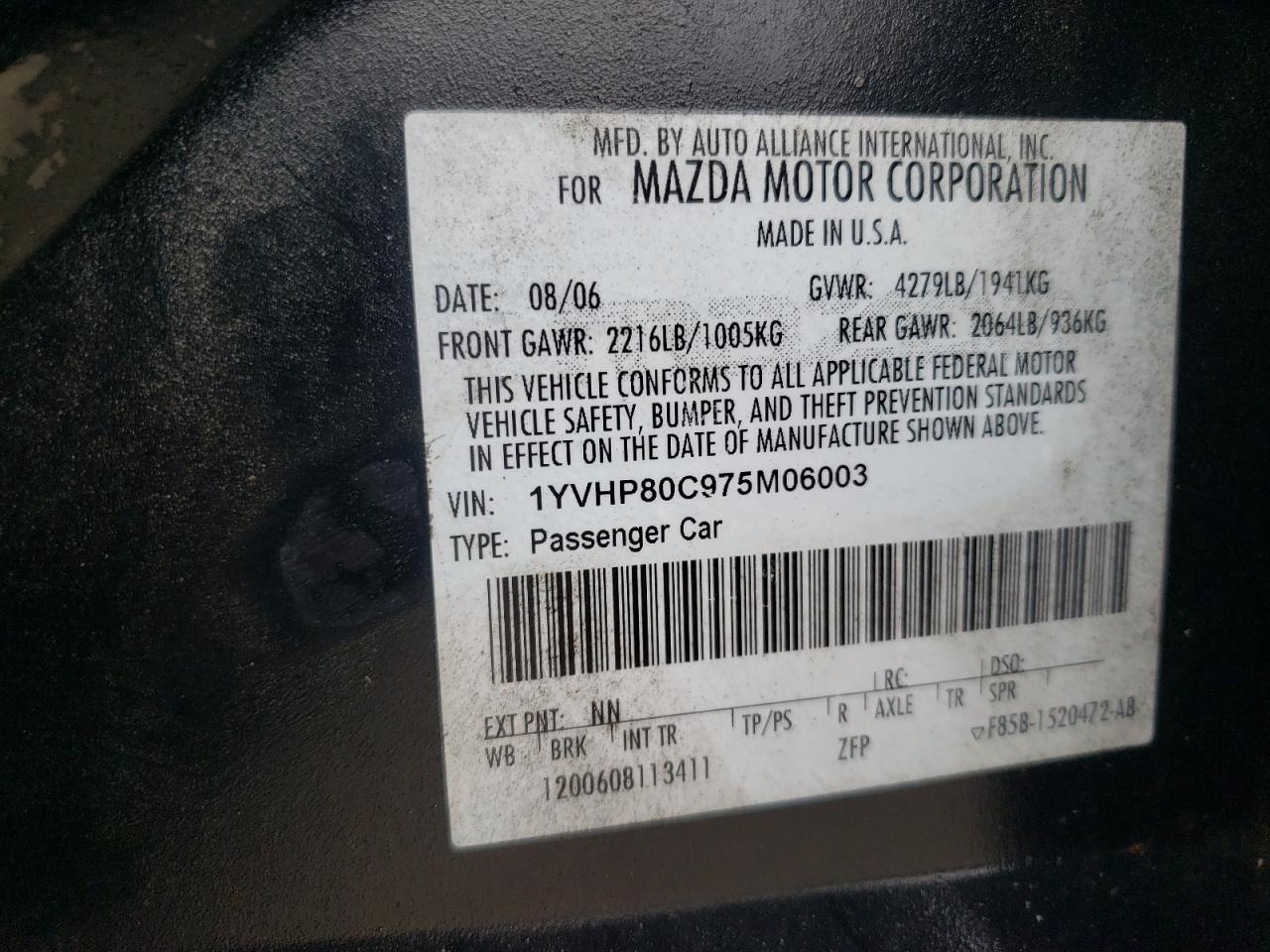 Photo 10 from auction – 2007 MAZDA 6 I with VIN 1YVHP80C975M06003