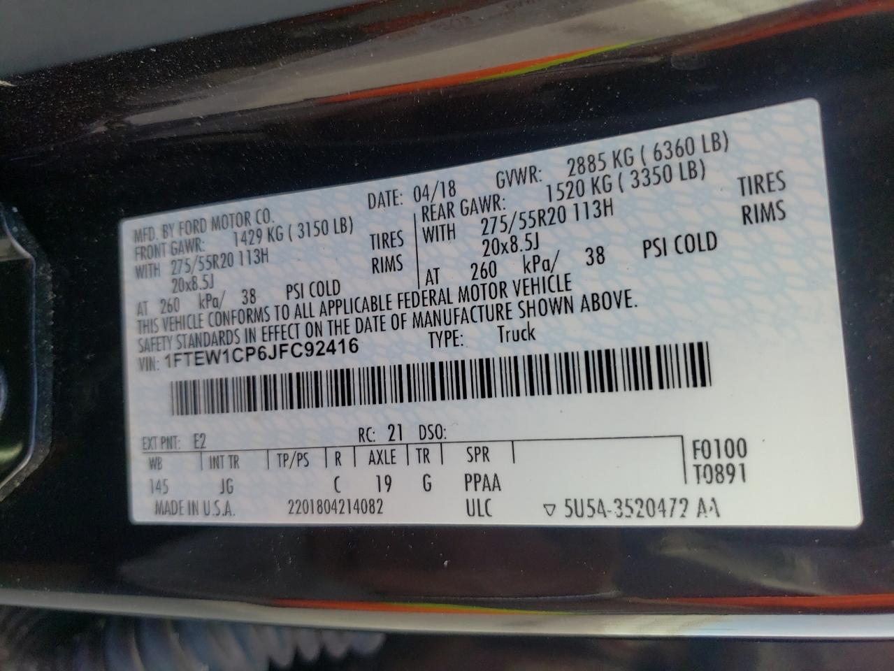 Photo 10 from auction – 2018 FORD F150 SUPER with VIN 1FTEW1CP6JFC92416