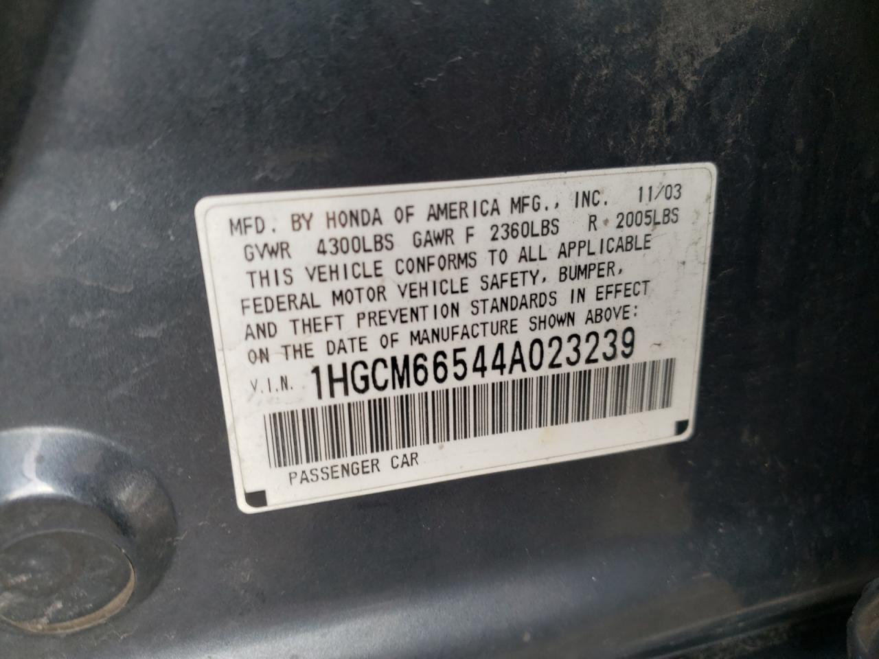 Photo 10 from auction – 2004 HONDA ACCORD EX with VIN 1HGCM66544A023239