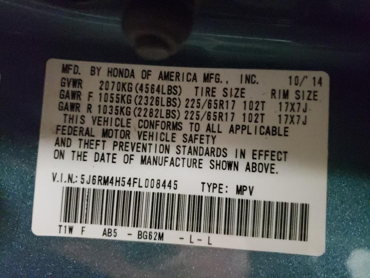 Photo 10 from auction – 2015 HONDA CR-V EX with VIN 5J6RM4H54FL008445