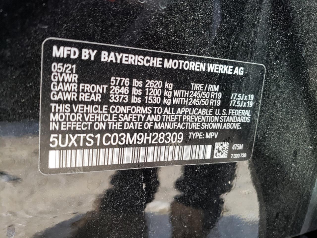 Photo 10 from auction – 2021 BMW X3 XDRIVE3 with VIN 5UXTS1C03M9H28309