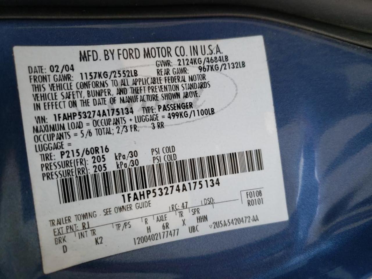 Photo 10 from auction – 2004 FORD TAURUS SE with VIN 1FAHP53274A175134