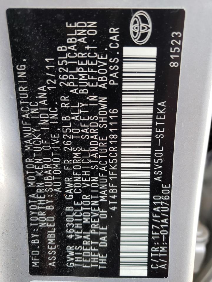 Photo 10 from auction – 2012 TOYOTA CAMRY BASE with VIN 4T4BF1FK5CR181116