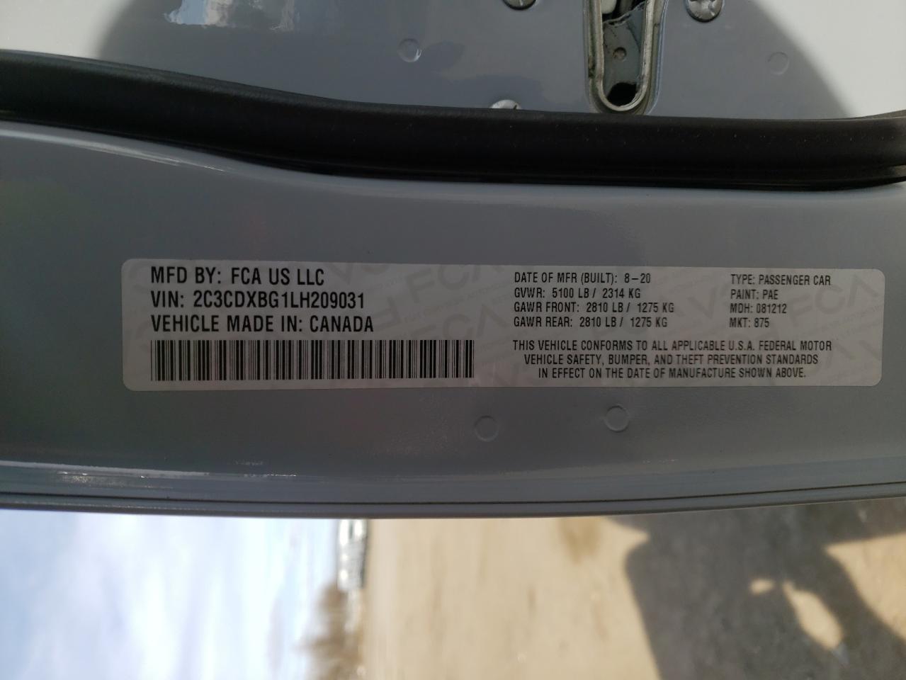 Photo 10 from auction – 2020 DODGE CHARGER SX with VIN 2C3CDXBG1LH209031