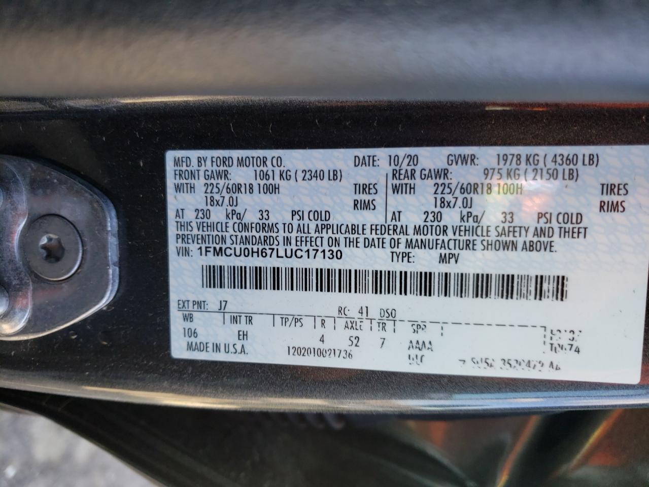 Photo 10 from auction – 2020 FORD ESCAPE SEL with VIN 1FMCU0H67LUC17130