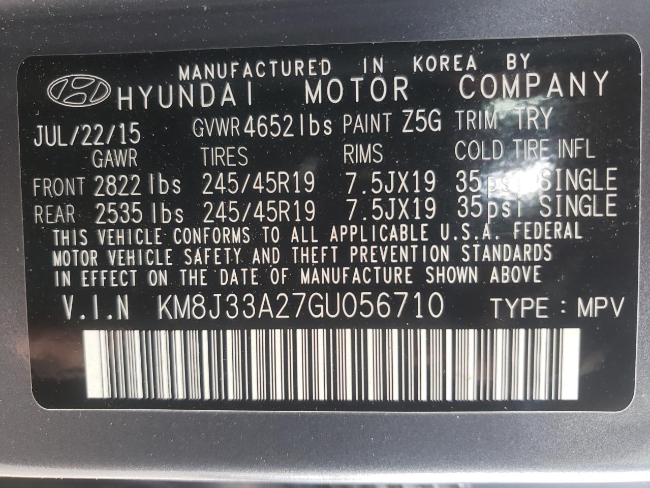 Photo 10 from auction – 2016 HYUNDAI TUCSON LIM with VIN KM8J33A27GU056710