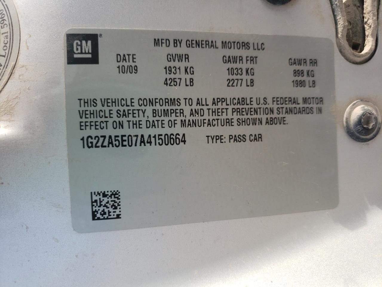 Photo 10 from auction – 2010 PONTIAC G6 with VIN 1G2ZA5E07A4150664