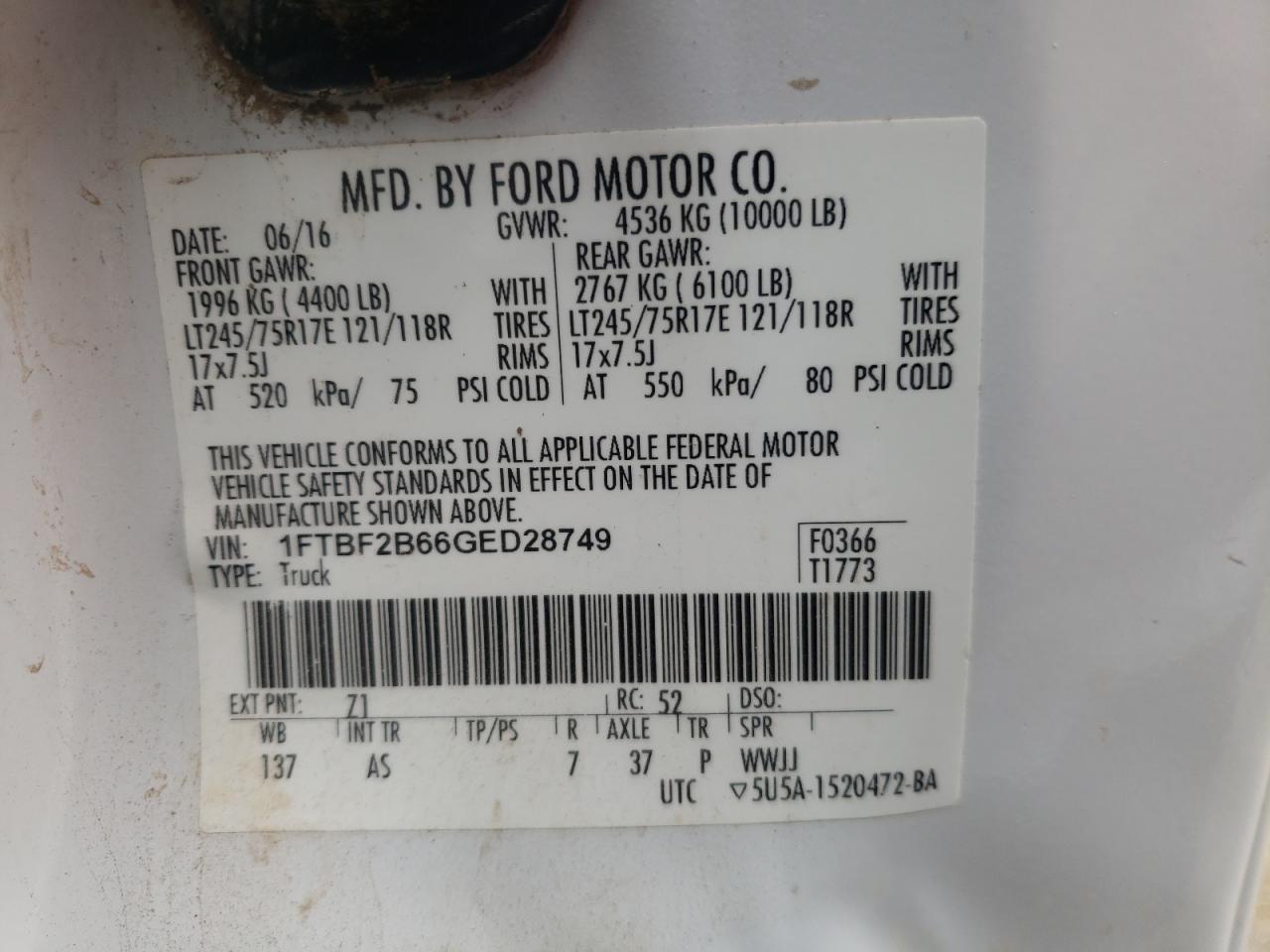 Photo 10 from auction – 2016 FORD F250 SUPER with VIN 1FTBF2B66GED28749