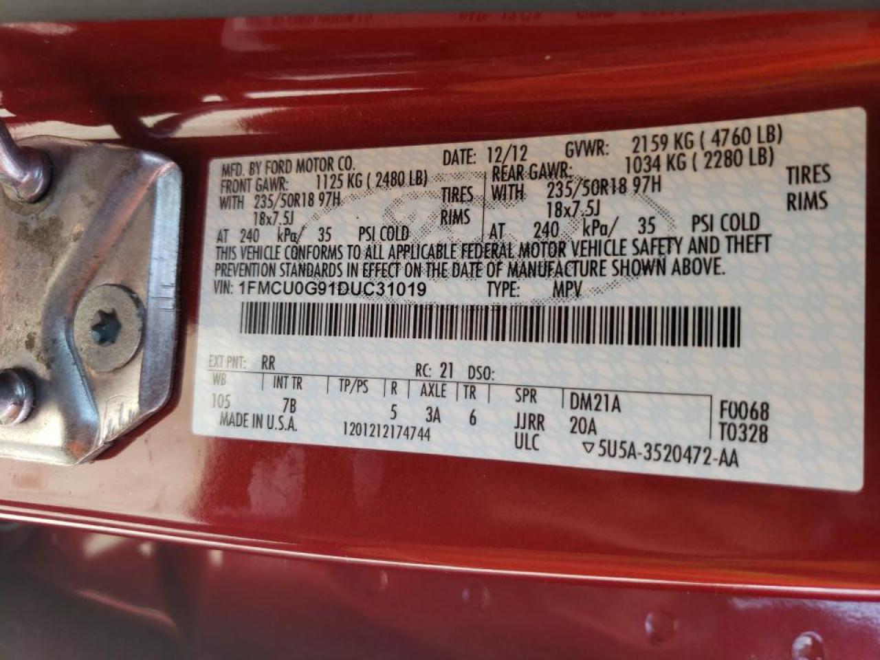 Photo 10 from auction – 2013 FORD ESCAPE SE with VIN 1FMCU0G91DUC31019