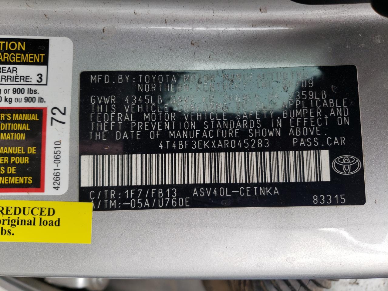 Photo 10 from auction – 2010 TOYOTA CAMRY BASE with VIN 4T4BF3EKXAR045283