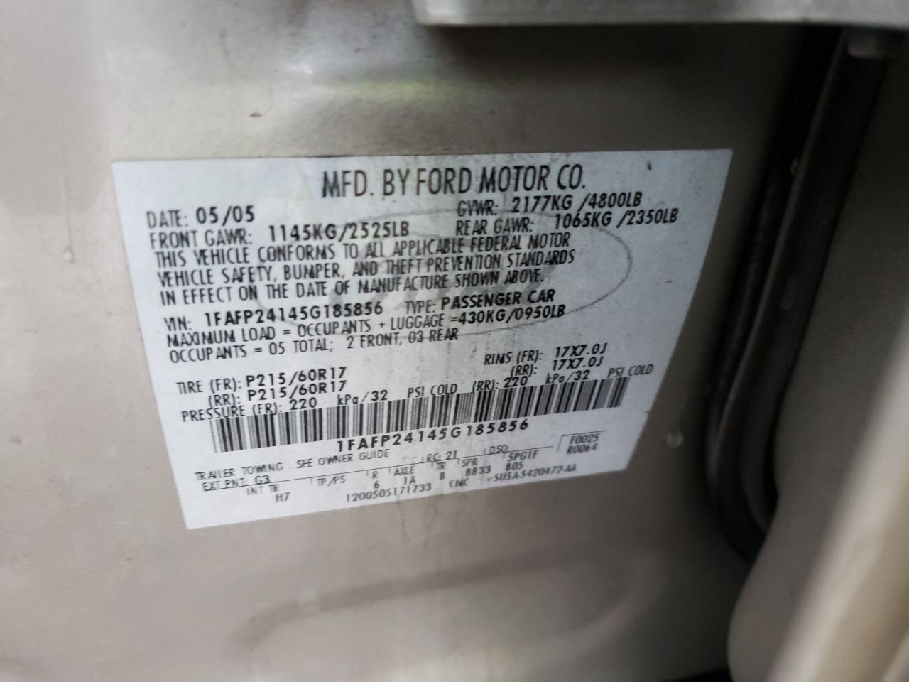 Photo 10 from auction – 2005 FORD FIVE HUNDR with VIN 1FAFP24145G185856