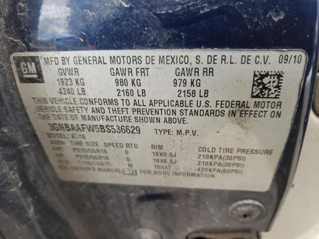 Photo 10 from auction – 2011 CHEVROLET HHR LS with VIN 3GNBAAFW5BS536629