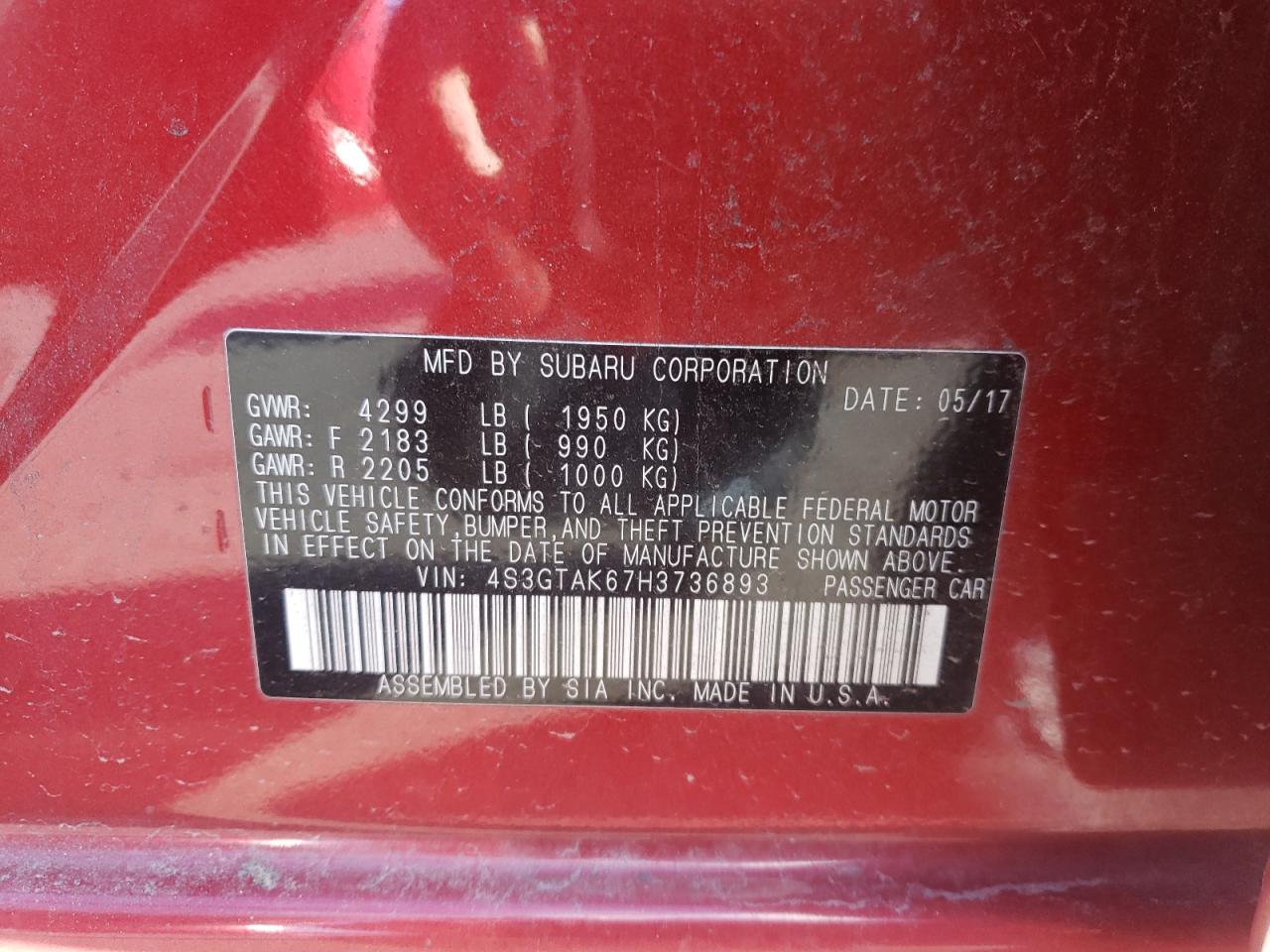 Photo 10 from auction – 2017 SUBARU IMPREZA SP with VIN 4S3GTAK67H3736893