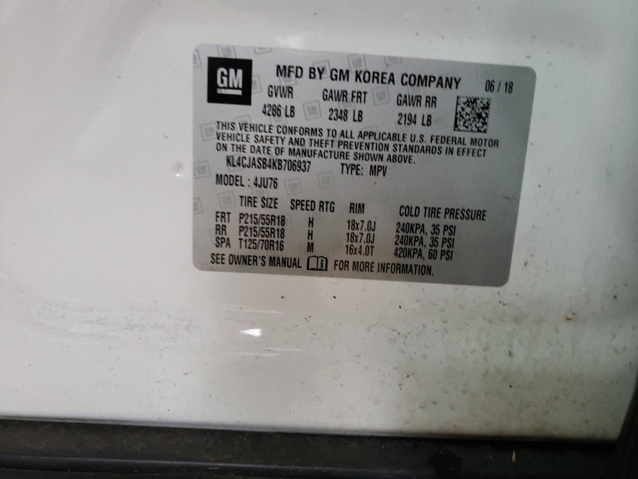 Photo 10 from auction – 2019 BUICK ENCORE PRE with VIN KL4CJASB4KB706937