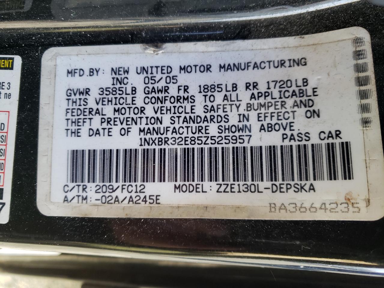 Photo 10 from auction – 2005 TOYOTA COROLLA CE with VIN 1NXBR32E85Z525957