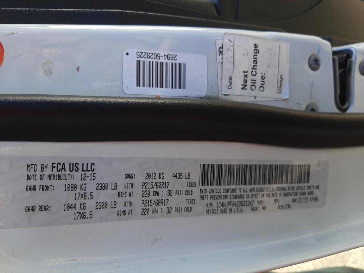 Photo 10 from auction – 2016 JEEP PATRIOT LA with VIN 1C4NJPFA4GD633342