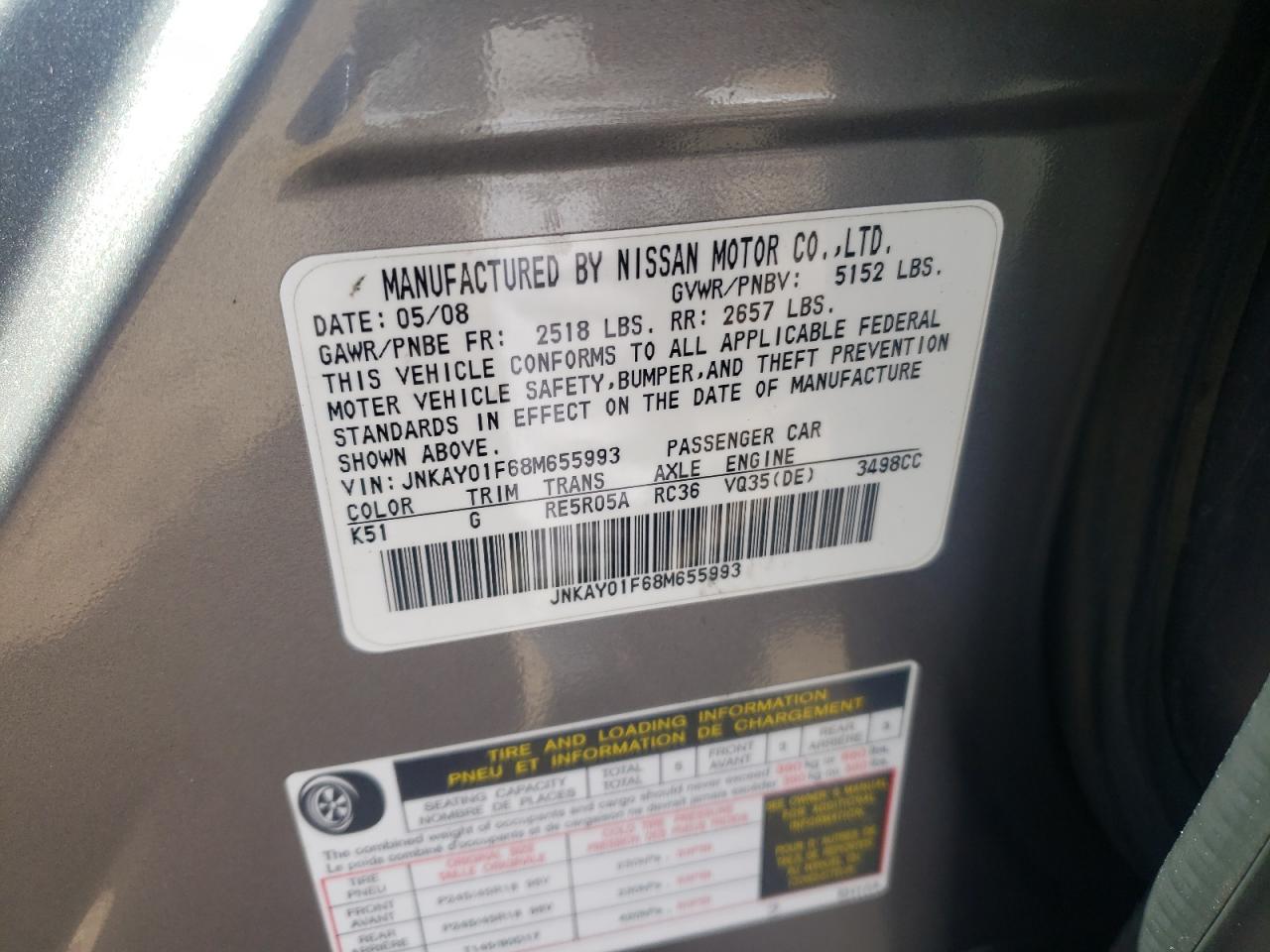 Photo 10 from auction – 2008 INFINITI M35 BASE with VIN JNKAY01F68M655993