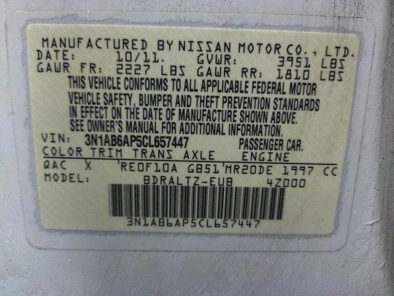Photo 10 from auction – 2012 NISSAN SENTRA 2.0 with VIN 3N1AB6AP5CL657447