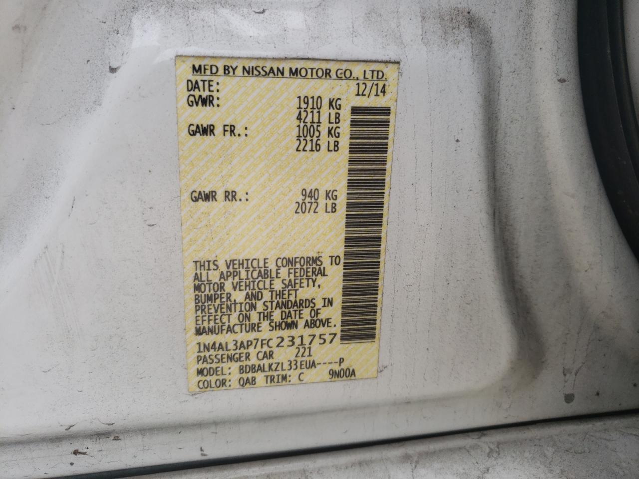 Photo 10 from auction – 2015 NISSAN ALTIMA 2.5 with VIN 1N4AL3AP7FC231757