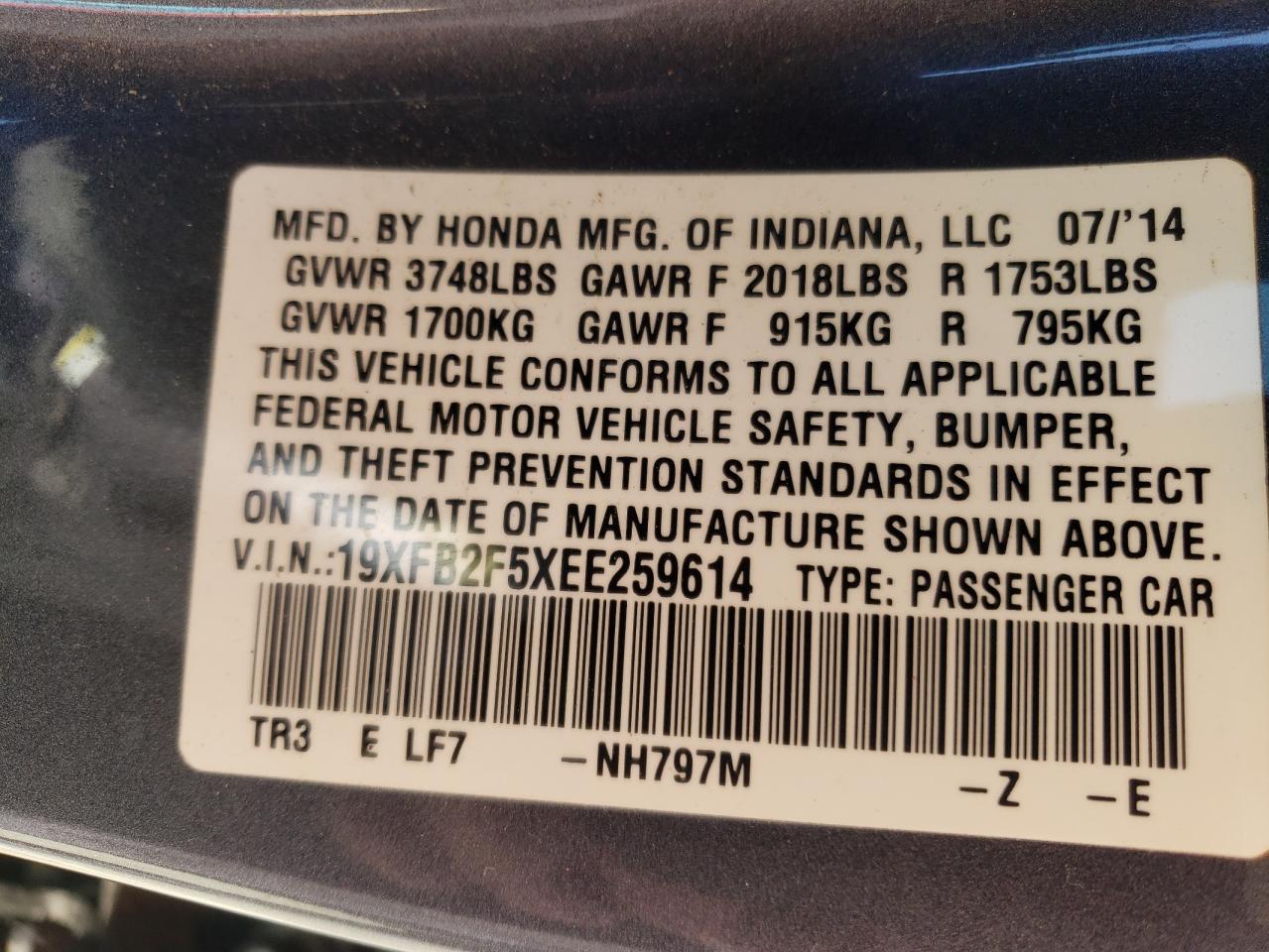 Photo 10 from auction – 2014 HONDA CIVIC LX with VIN 19XFB2F5XEE259614