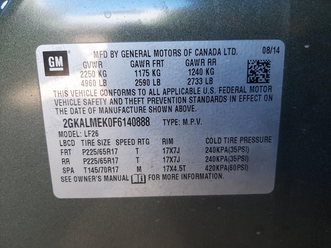 Photo 10 from auction – 2015 GMC TERRAIN SL with VIN 2GKALMEK0F6140888