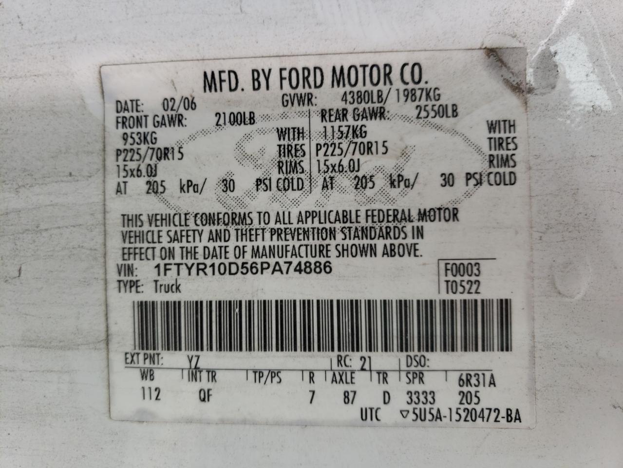 Photo 10 from auction – 2006 FORD RANGER with VIN 1FTYR10D56PA74886