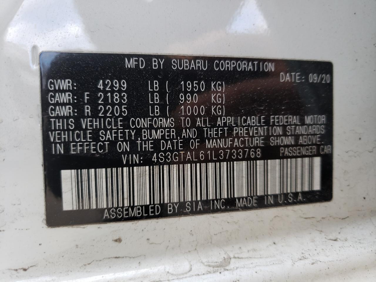 Photo 10 from auction – 2020 SUBARU IMPREZA SP with VIN 4S3GTAL61L3733768