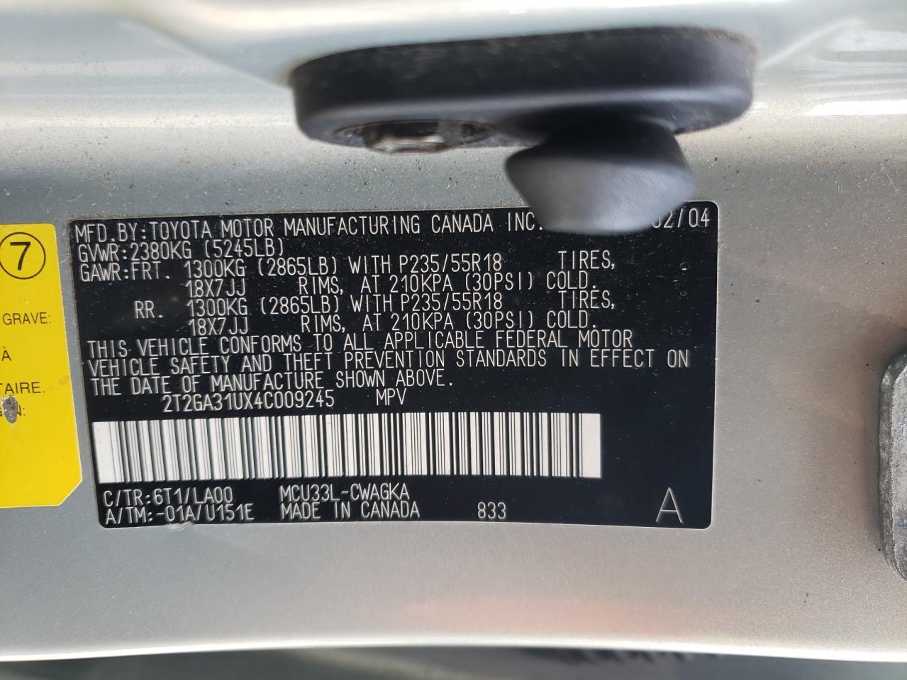 Photo 10 from auction – 2004 LEXUS RX 330 with VIN 2T2GA31UX4C009245