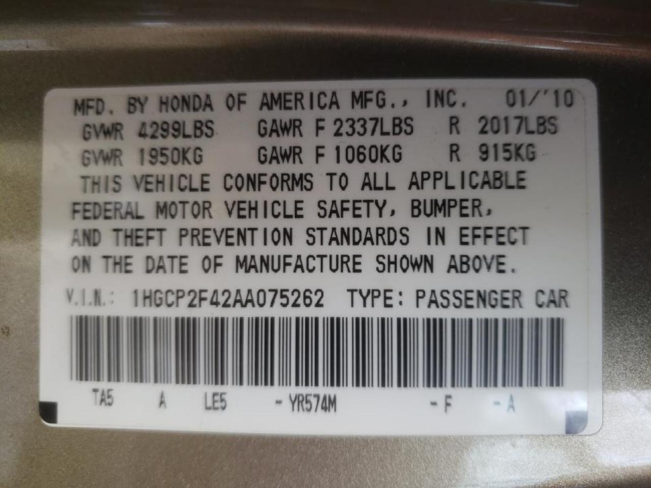 Photo 10 from auction – 2010 HONDA ACCORD LXP with VIN 1HGCP2F42AA075262