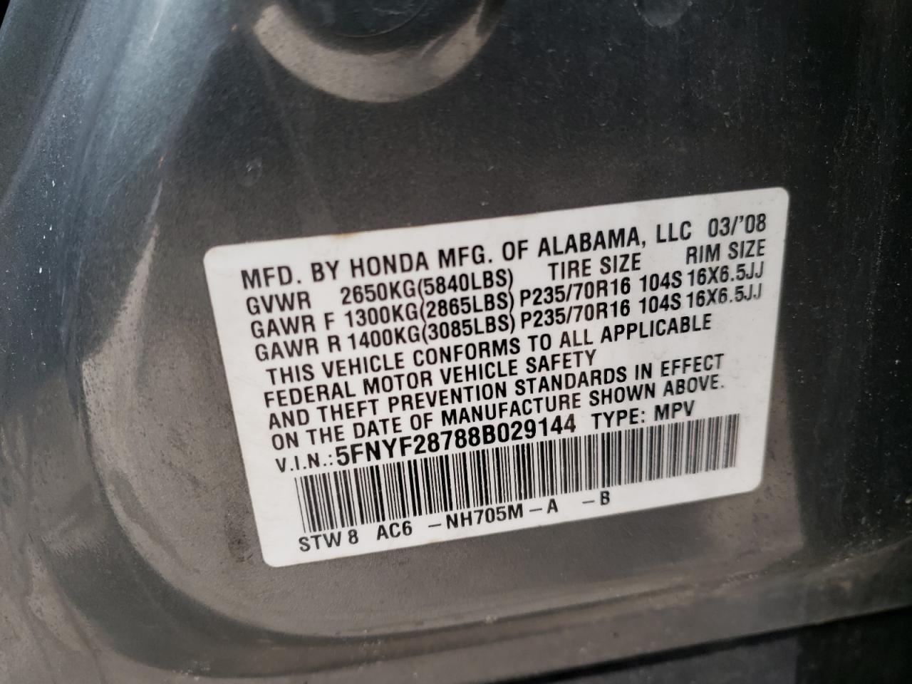 Photo 10 from auction – 2008 HONDA PILOT EXL with VIN 5FNYF28788B029144