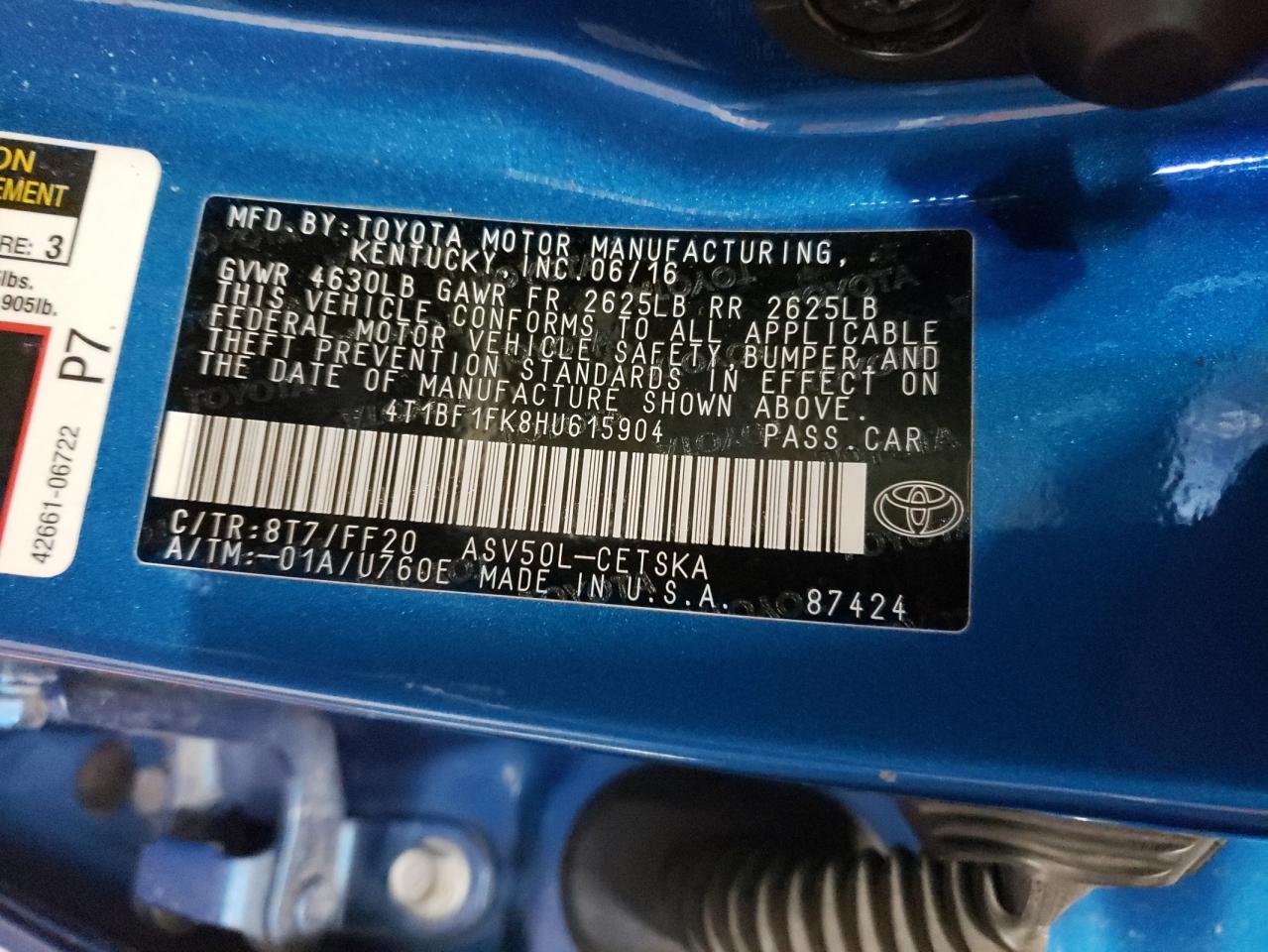 Photo 10 from auction – 2017 TOYOTA CAMRY LE with VIN 4T1BF1FK8HU615904