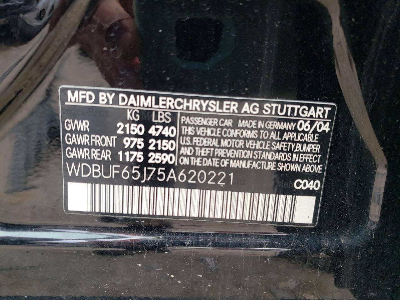 Photo 10 from auction – 2005 MERCEDES-BENZ E 320 with VIN WDBUF65J75A620221