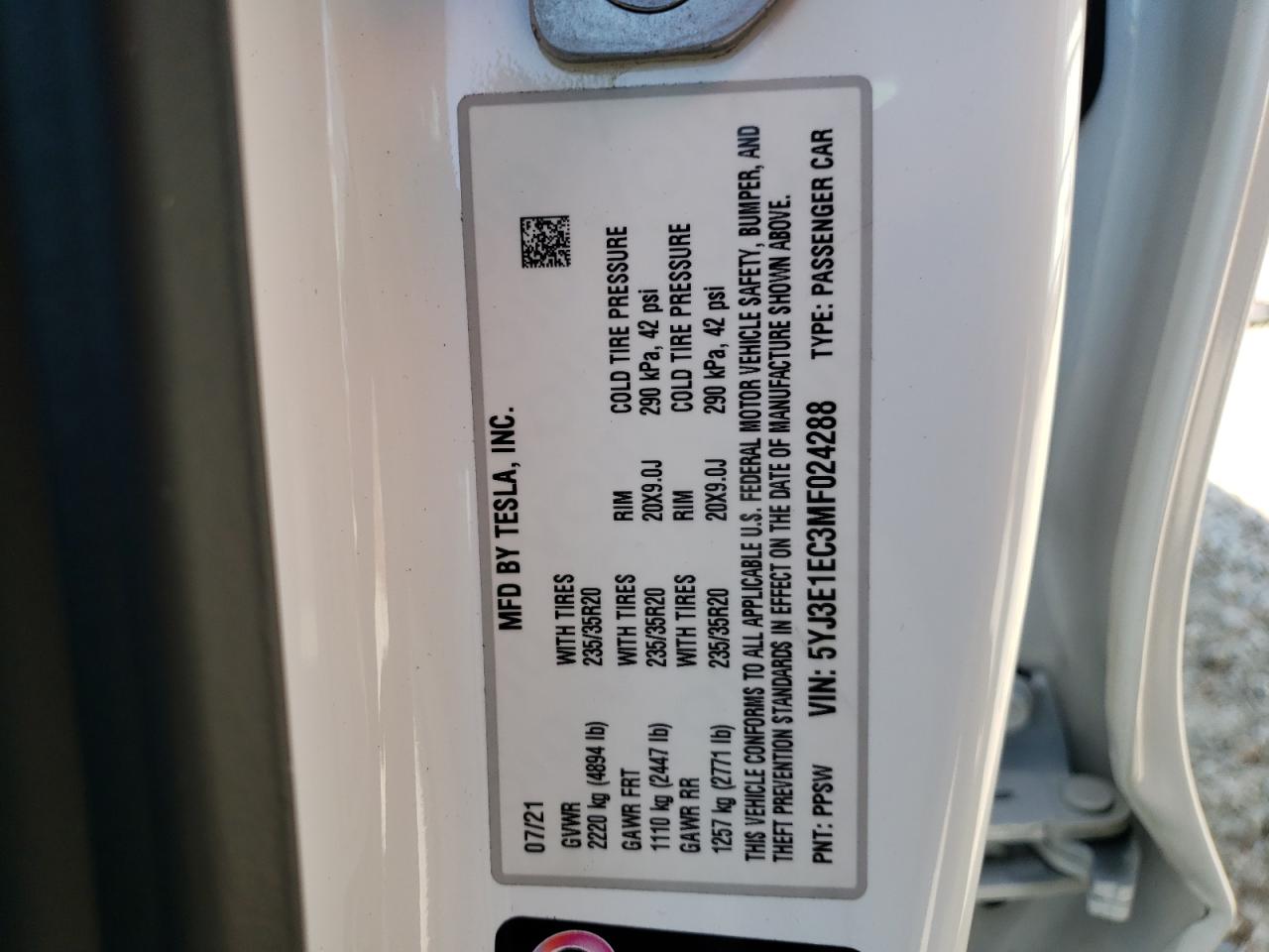 Photo 10 from auction – 2021 TESLA MODEL 3 with VIN 5YJ3E1EC3MF024288