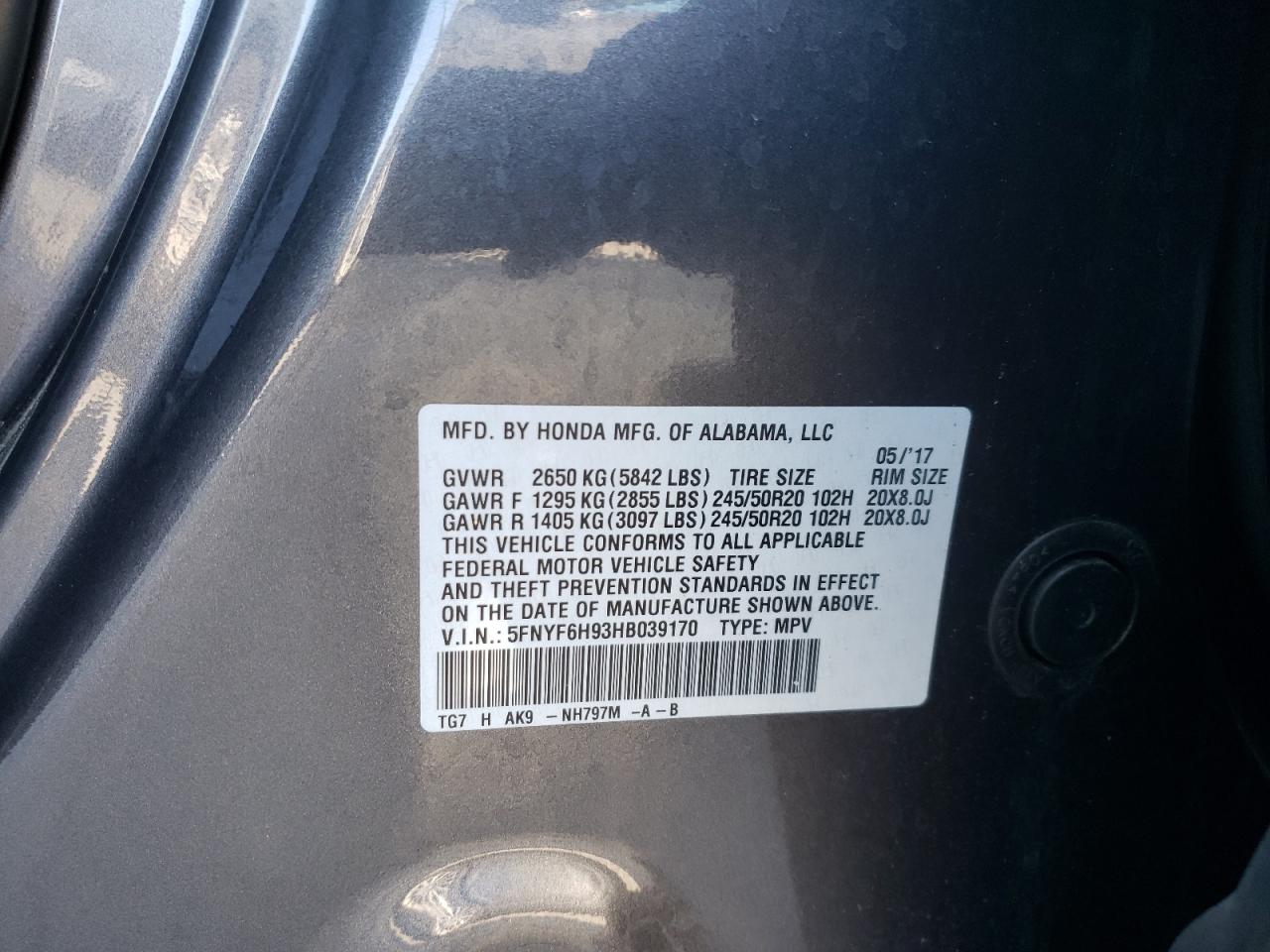 Photo 10 from auction – 2017 HONDA PILOT TOUR with VIN 5FNYF6H93HB039170