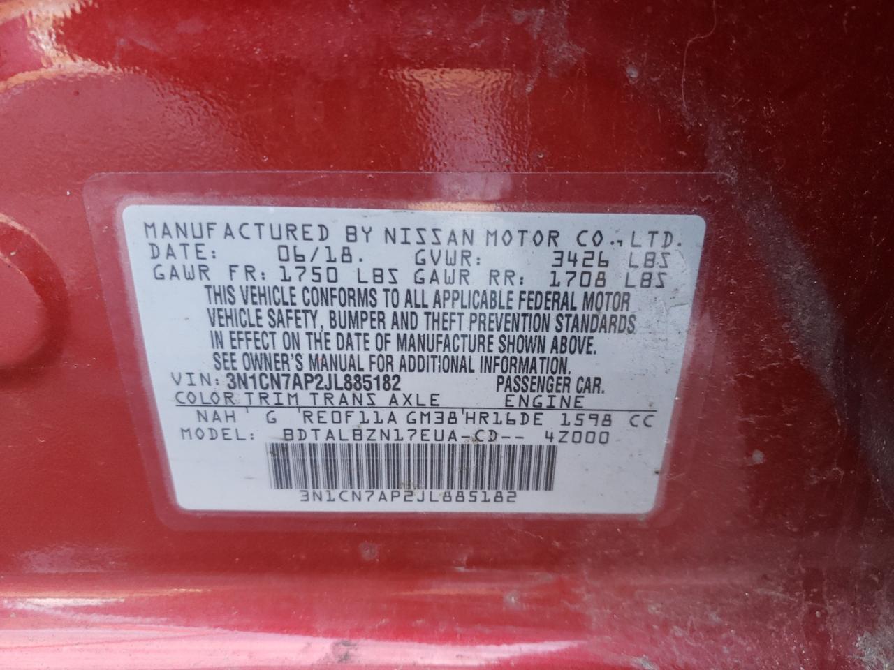 Photo 10 from auction – 2018 NISSAN VERSA S with VIN 3N1CN7AP2JL885182