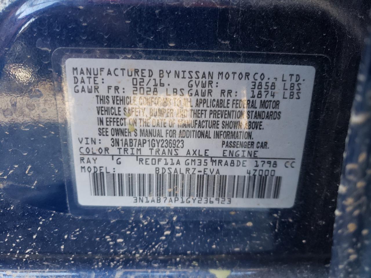 Photo 10 from auction – 2016 NISSAN SENTRA S with VIN 3N1AB7AP1GY236923