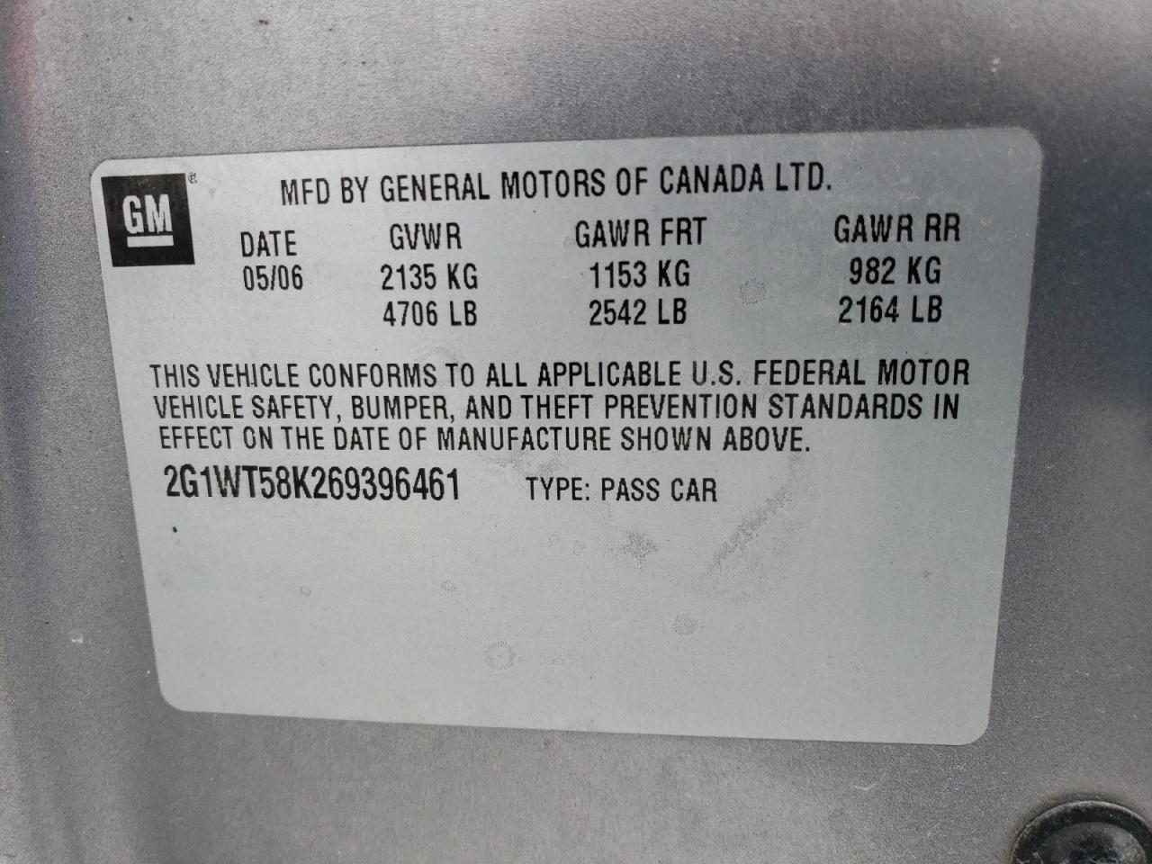 Photo 10 from auction – 2006 CHEVROLET IMPALA LT with VIN 2G1WT58K269396461