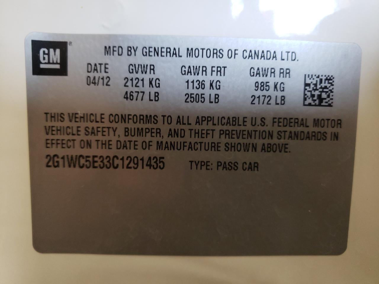 Photo 10 from auction – 2012 CHEVROLET IMPALA LTZ with VIN 2G1WC5E33C1291435