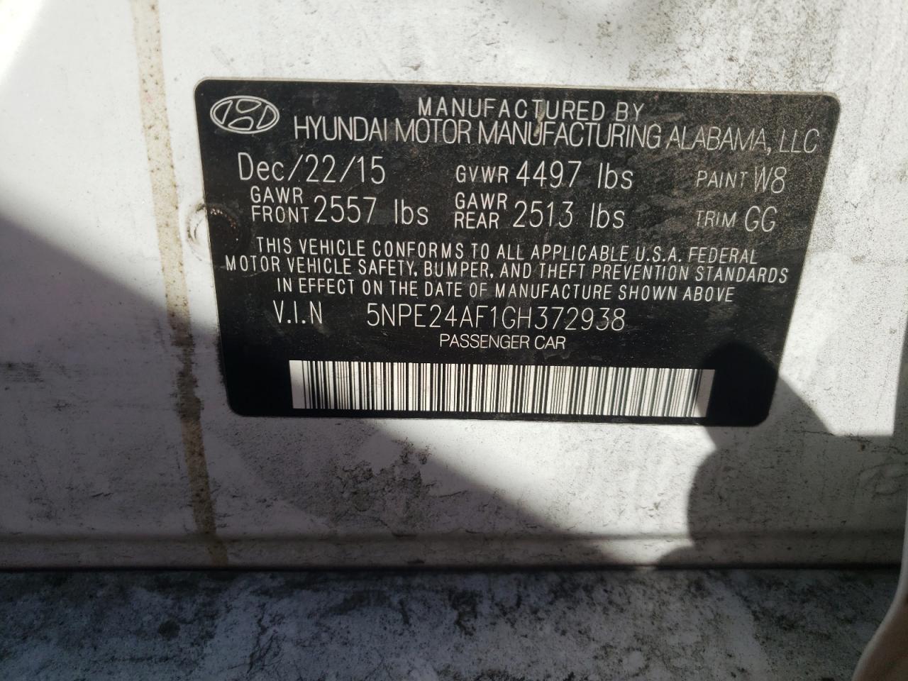 Photo 10 from auction – 2016 HYUNDAI SONATA SE with VIN 5NPE24AF1GH372938