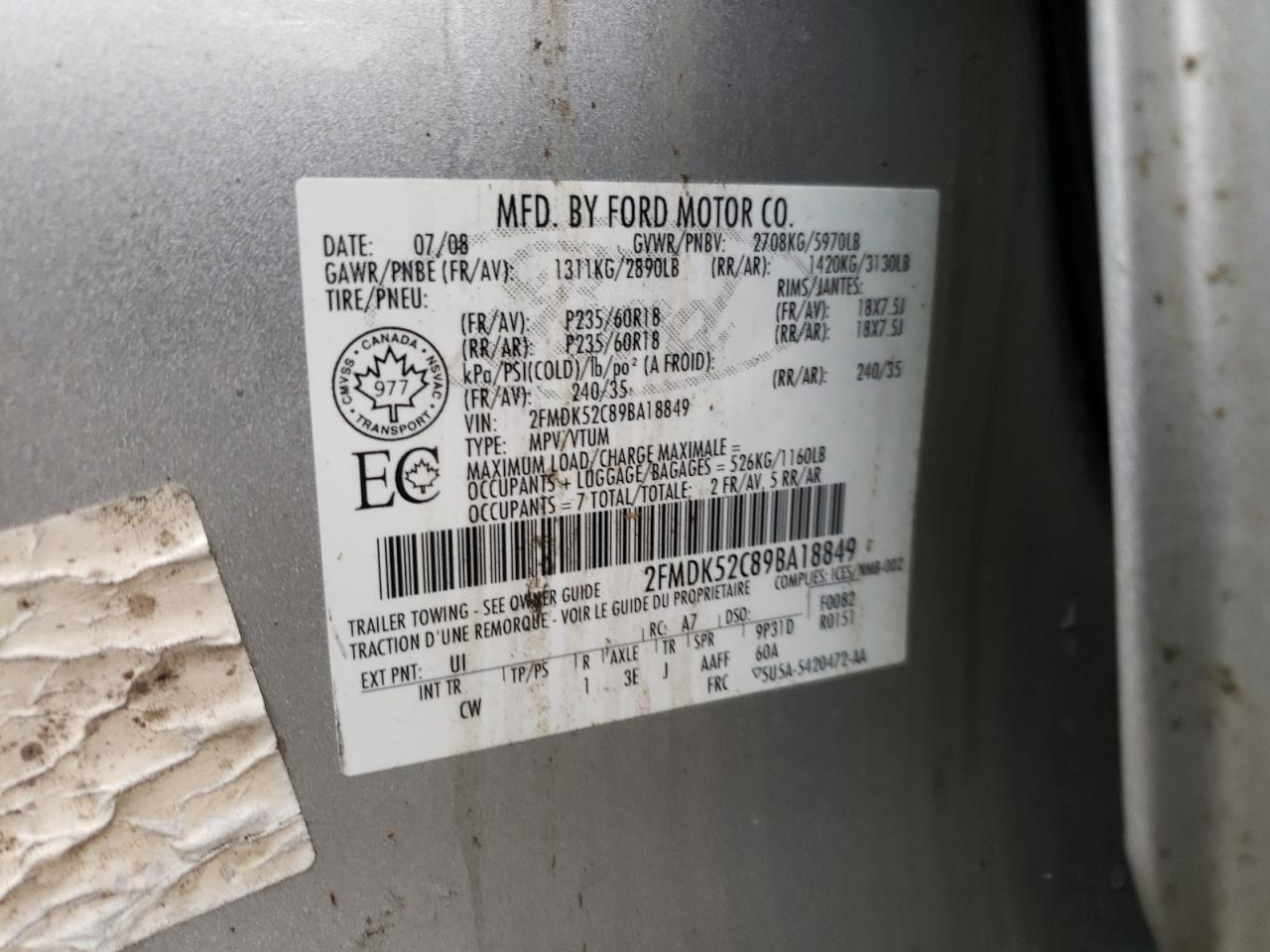 Photo 10 from auction – 2009 FORD FLEX SEL with VIN 2FMDK52C89BA18849