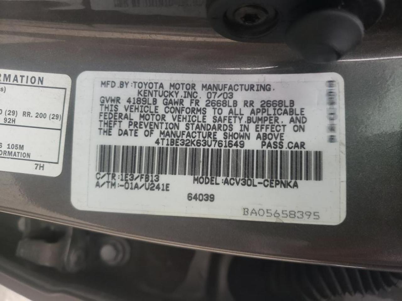 Photo 10 from auction – 2003 TOYOTA CAMRY with VIN 4T1BE32K63U761649