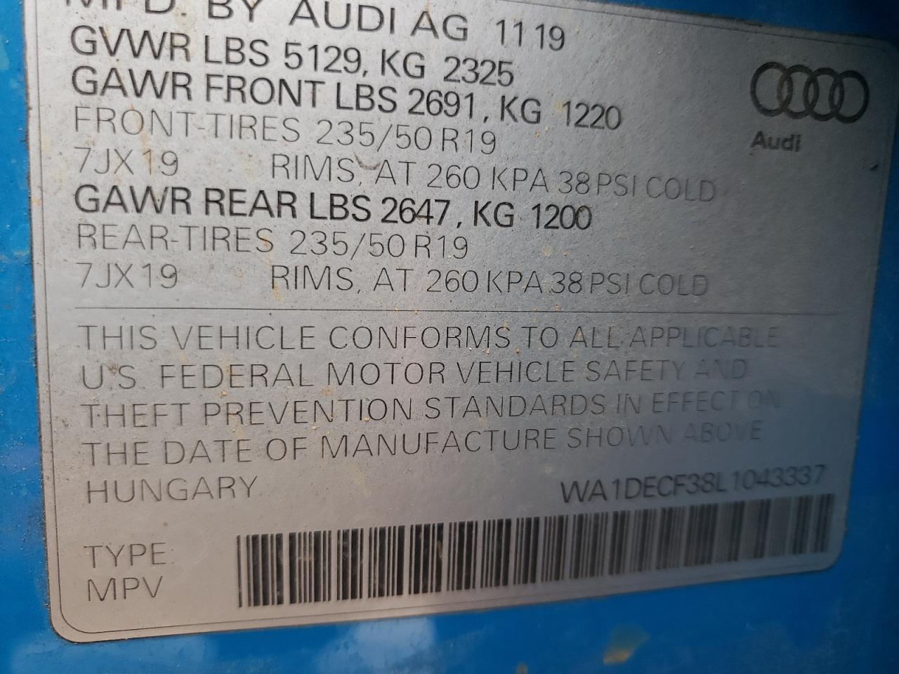 Photo 10 from auction – 2020 AUDI Q3 PREMIUM with VIN WA1DECF38L1043337