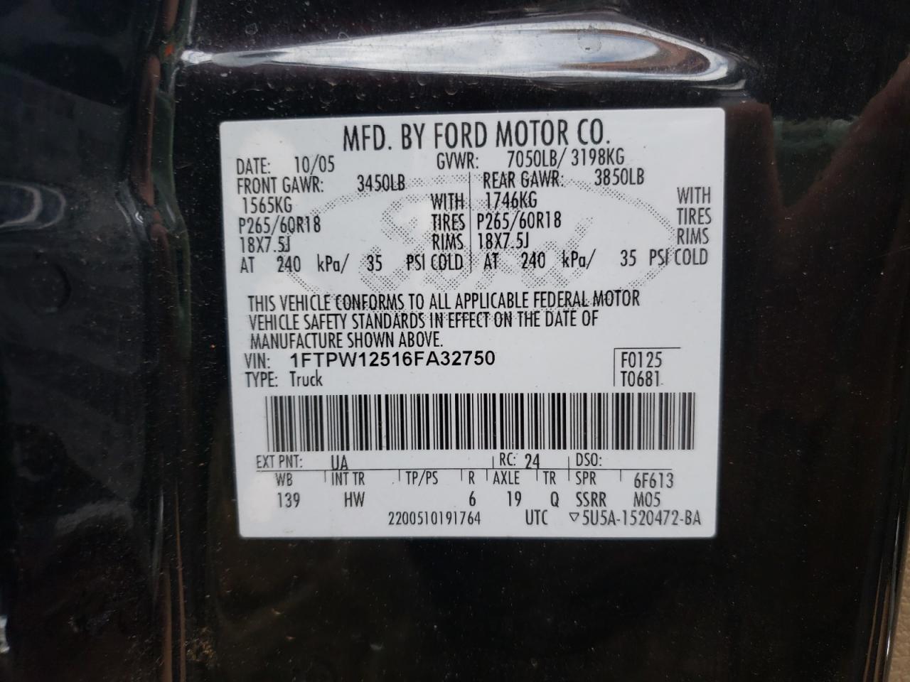 Photo 10 from auction – 2006 FORD F150 SUPER with VIN 1FTPW12516FA32750