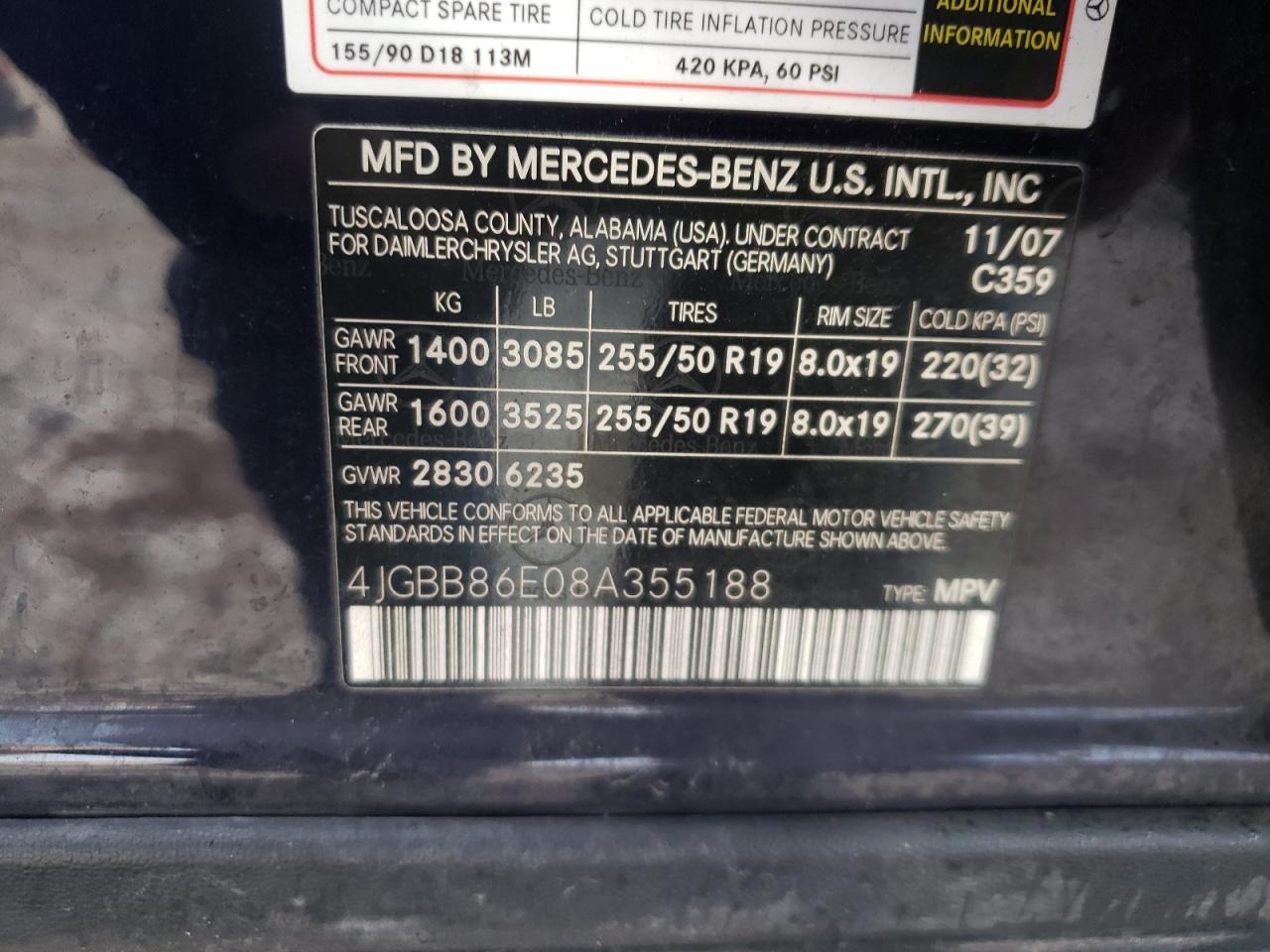 Photo 10 from auction – 2008 MERCEDES-BENZ ML 350 with VIN 4JGBB86E08A355188