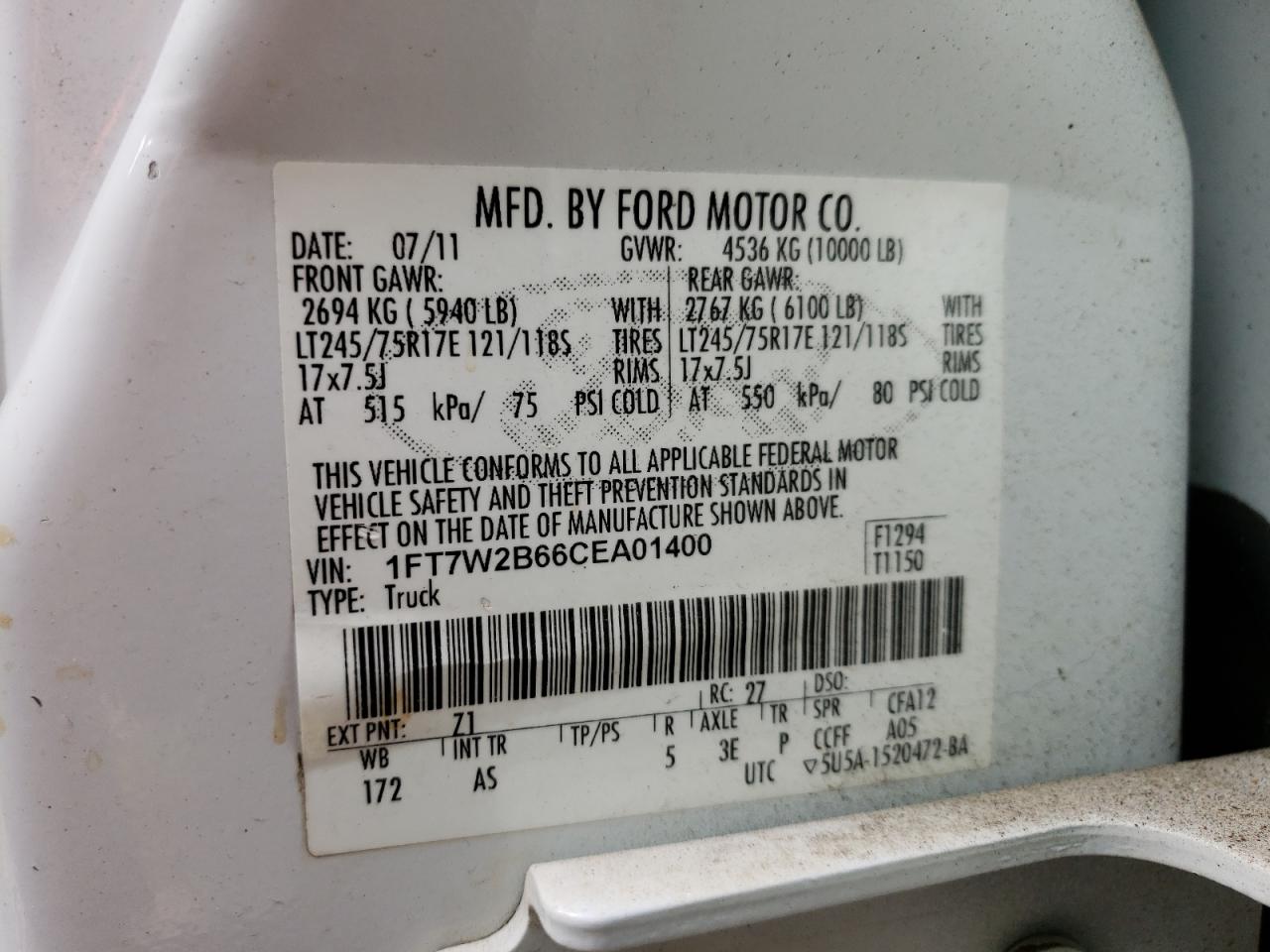 Photo 10 from auction – 2012 FORD F250 SUPER with VIN 1FT7W2B66CEA01400