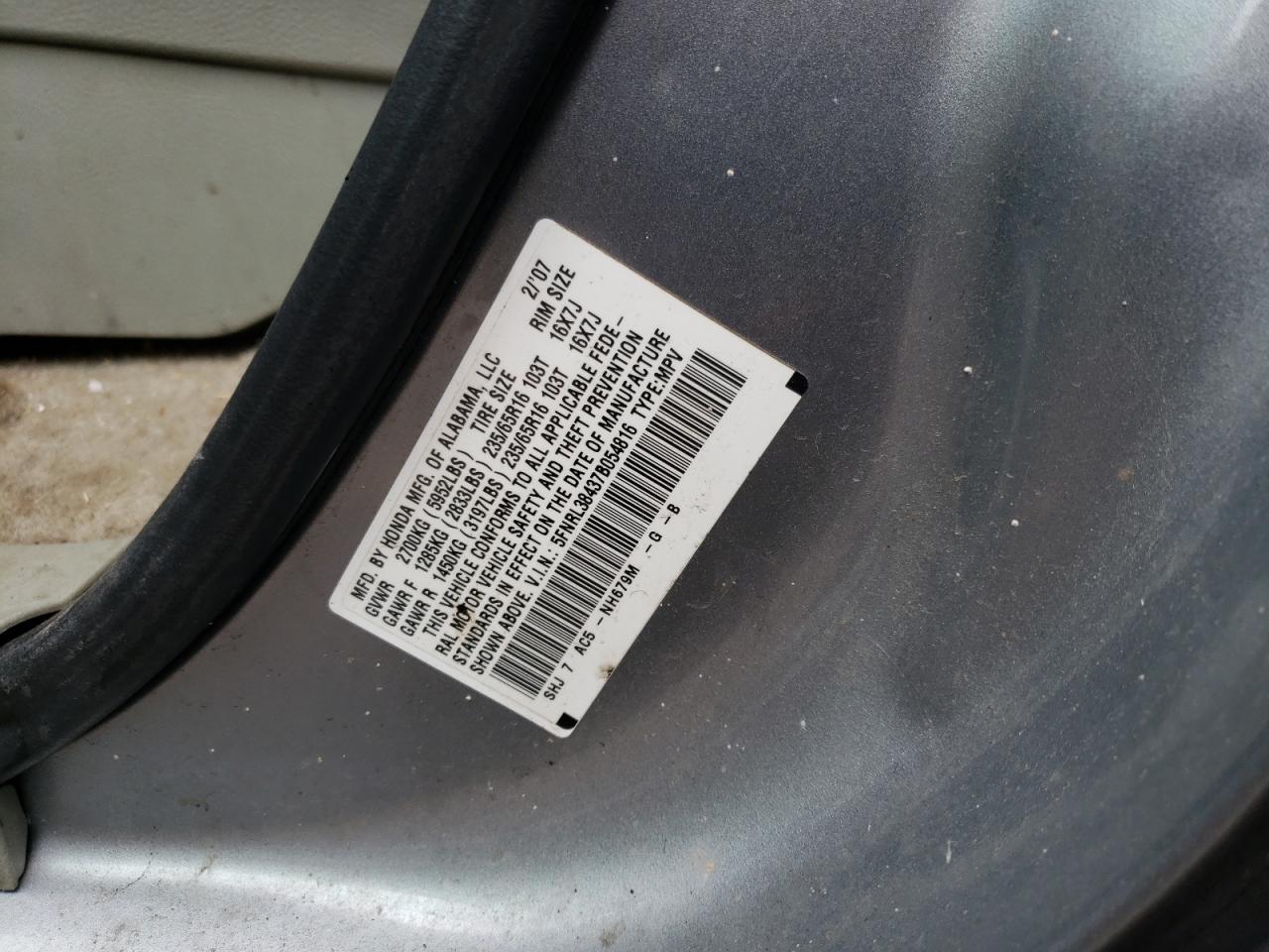 Photo 10 from auction – 2007 HONDA ODYSSEY EX with VIN 5FNRL38437B054816