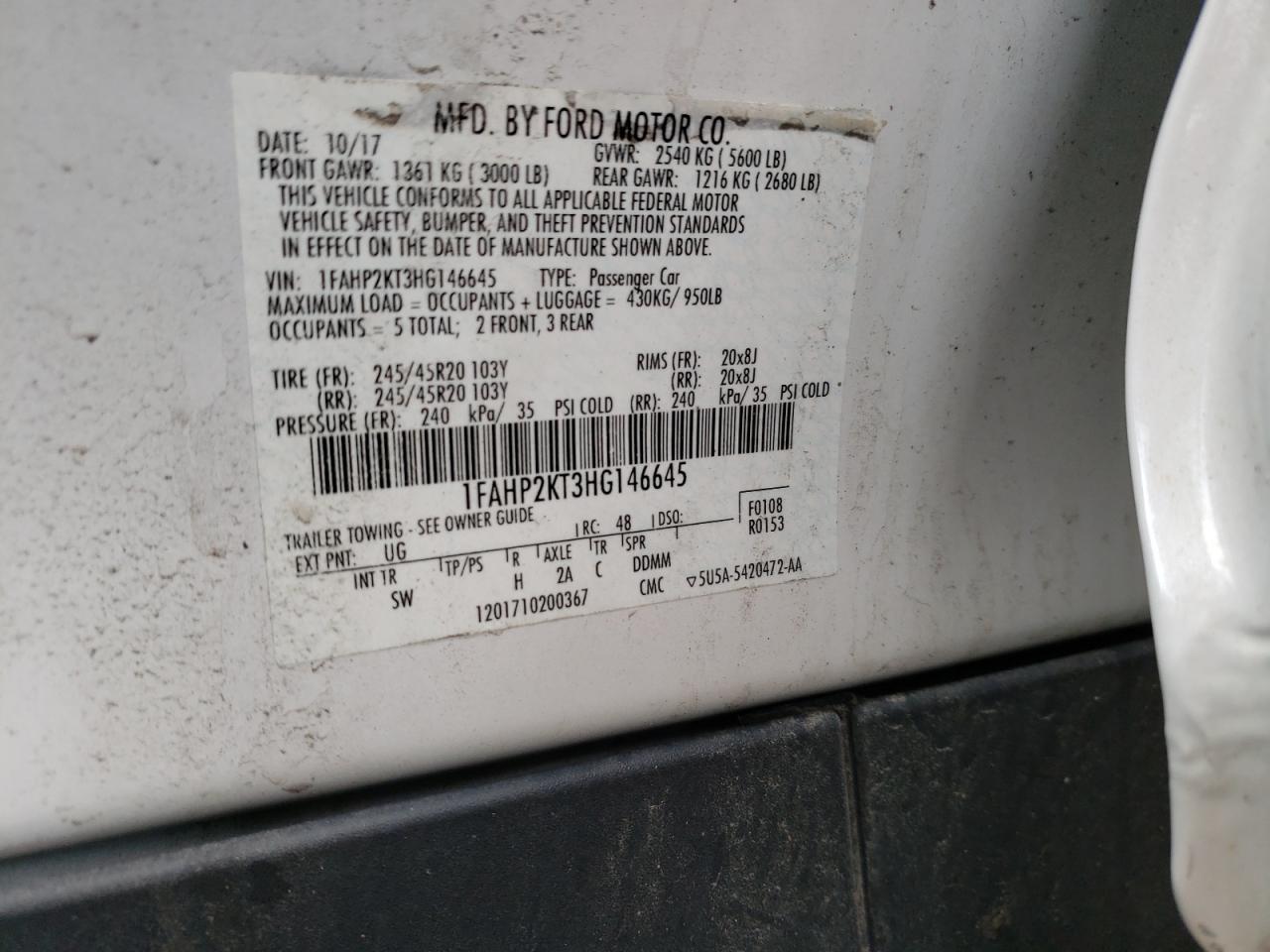 Photo 10 from auction – 2017 FORD TAURUS SHO with VIN 1FAHP2KT3HG146645