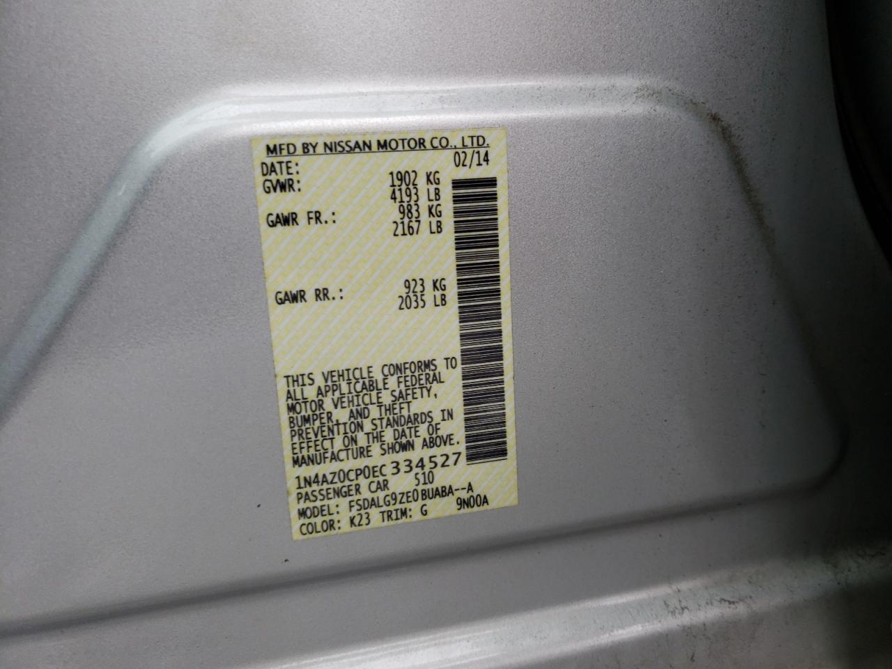 Photo 10 from auction – 2014 NISSAN LEAF S with VIN 1N4AZ0CP0EC334527